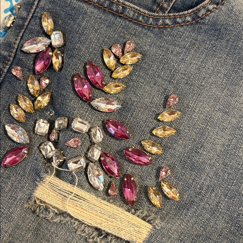 Express Distressed High Rise Boho Cut Off Denim Shorts w/ Rhinestone Details 0 - Picture 12 of 12